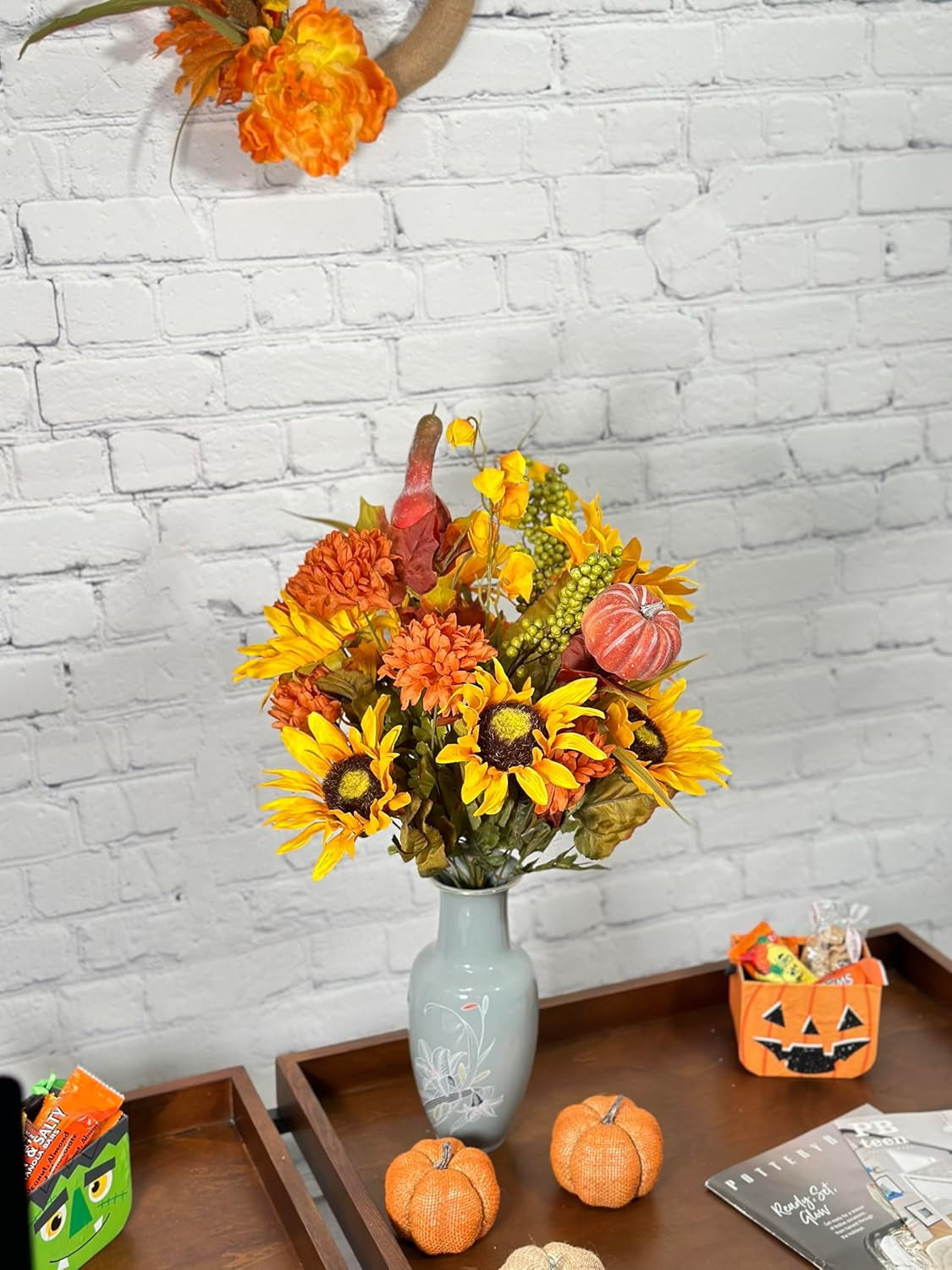 Artificial Fall Flower Arrangement - Gold Mix of Mums, Sunflowers, Zinnia - for Home Decor, Weddings, Parties, Events, Funerals, Offices Thanksgiving Gold Flower Arrangement