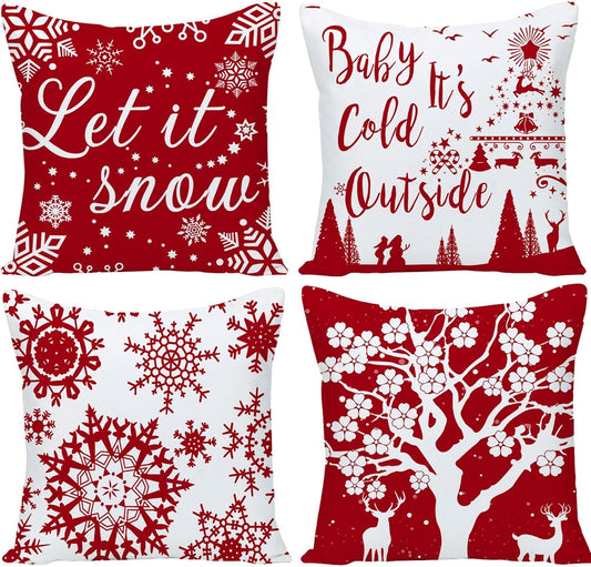 20 X 20 Set of 4 Merry Christmas Snowflake Baby It'S Cold outside Bright Red Deer Let It Snow Christmas Soft Velvet Decorative Throw Pillow Covers Cushion Case for Home Sofa Square 20 Inches