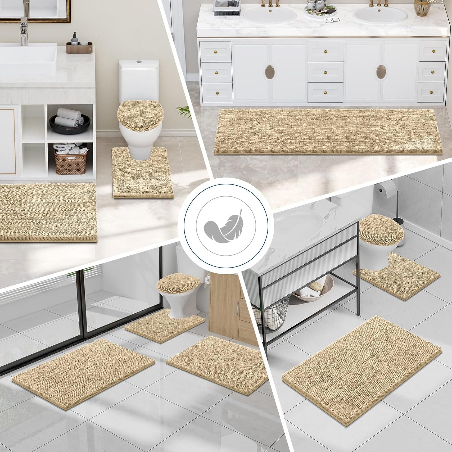 Luxury Chenille Bathroom Rugs 24X16, Extra Soft and Absorbent Shaggy Bath Mat, Machine Washable, Non-Slip Plush Carpet Runner for Tub, Shower, and Floor, Home Decor Accessories, Beige