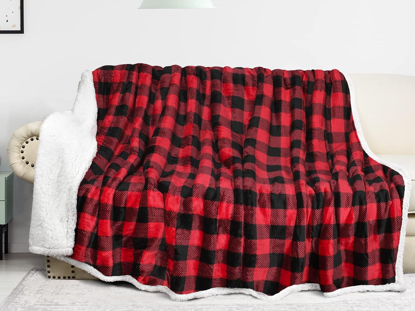 Red Black Checkered Holiday Blanket, Buffalo Plaid Sherpa Throw for Couch Sofa Cabin Decor | Soft, Warm, Comfy, Fuzzy, Snuggy | 60X50 Inches, Christmas Blanket