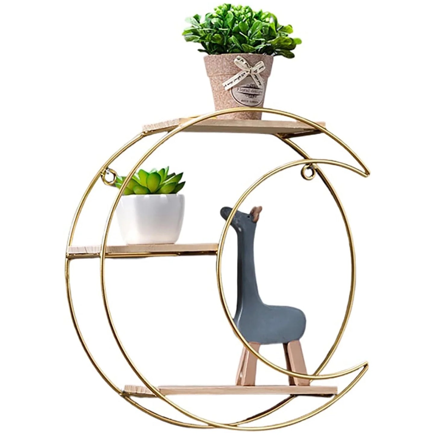 round Wall Shelf, Wall-Mounted Circular Shelf, Wood & Metal Wall Hanging Shelves Decor for Home Office, Circular Floating Shelves (Moon-Gold)