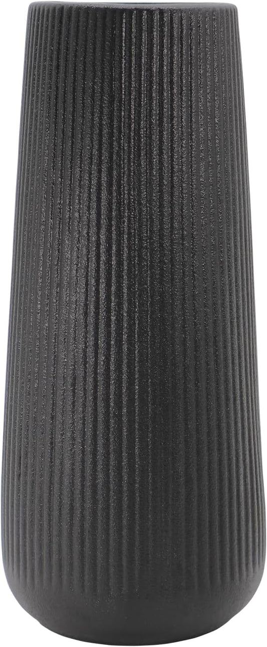 8 Inch Matte Black Ceramic Vase, Decorative Minimalist Textured Flower Vase for Modern Home Decor Living Room Table Centerpieces