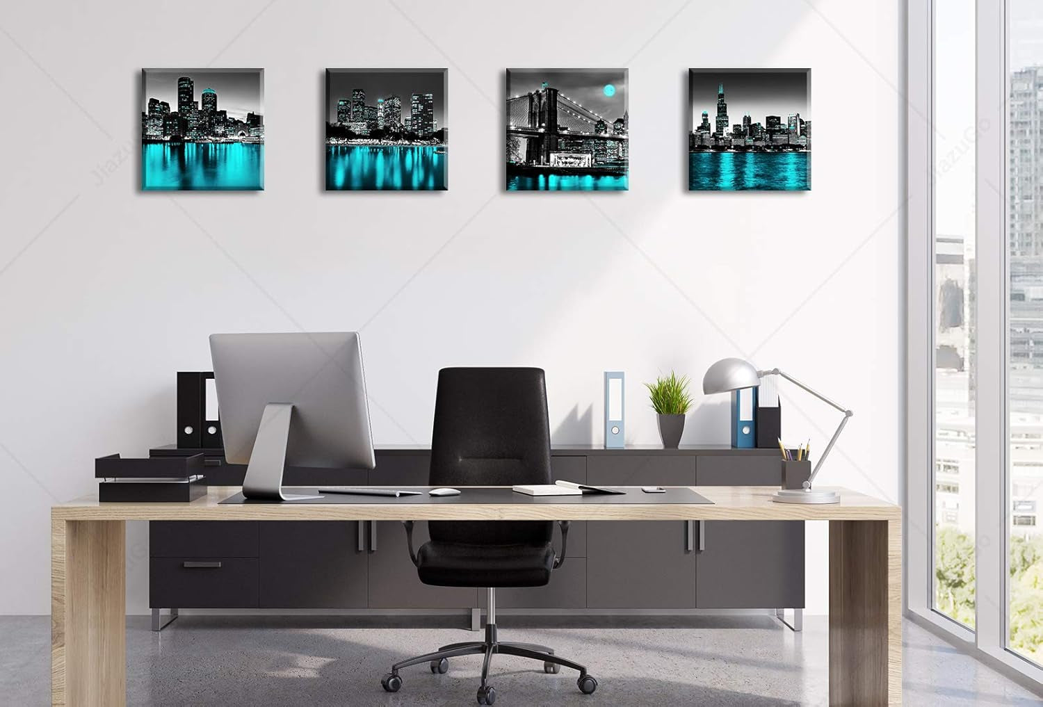 Wall Decorations Chicago Boston Los Angeles Brooklyn Bridge Skyline Canvas Art Black White USA New York City Pictures Teal Turquoise Lake Water Building Cityscape Home Living Room Office