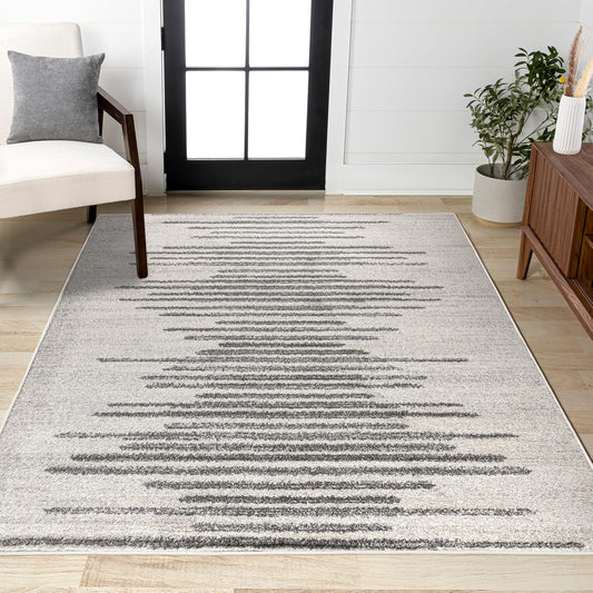 Aya Berber Stripe Geometric Cream/Gray Indoor Area Rug, 8X10, Contemporary, Modern, Easy-Cleaning for Living Room, Bedroom, Kitchen, Pet Friendly, Non-Shedding (MOH205A-8)