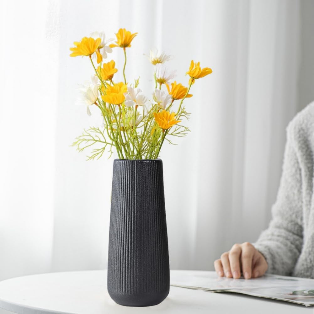 8 Inch Matte Black Ceramic Vase, Decorative Minimalist Textured Flower Vase for Modern Home Decor Living Room Table Centerpieces
