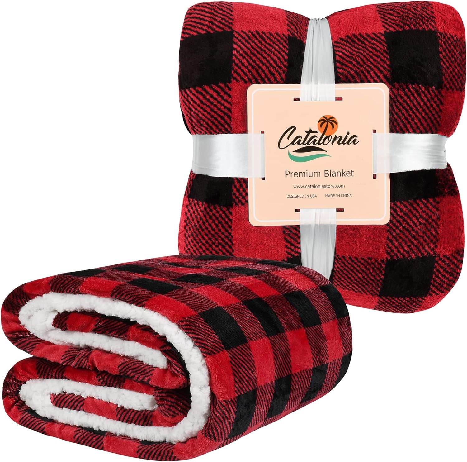 Red Black Checkered Holiday Blanket, Buffalo Plaid Sherpa Throw for Couch Sofa Cabin Decor | Soft, Warm, Comfy, Fuzzy, Snuggy | 60X50 Inches, Christmas Blanket