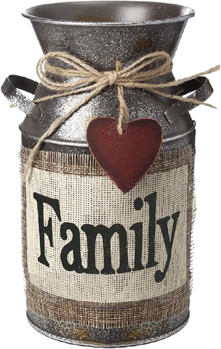 7.5" High Rustic Decorative Vase with Greetings and Rope Design, Metal Milk Can Country Jug for Living Room, Bedroom, Kitchen(Family)