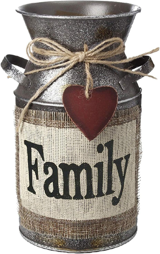 7.5" High Rustic Decorative Vase with Greetings and Rope Design, Metal Milk Can Country Jug for Living Room, Bedroom, Kitchen(Family)