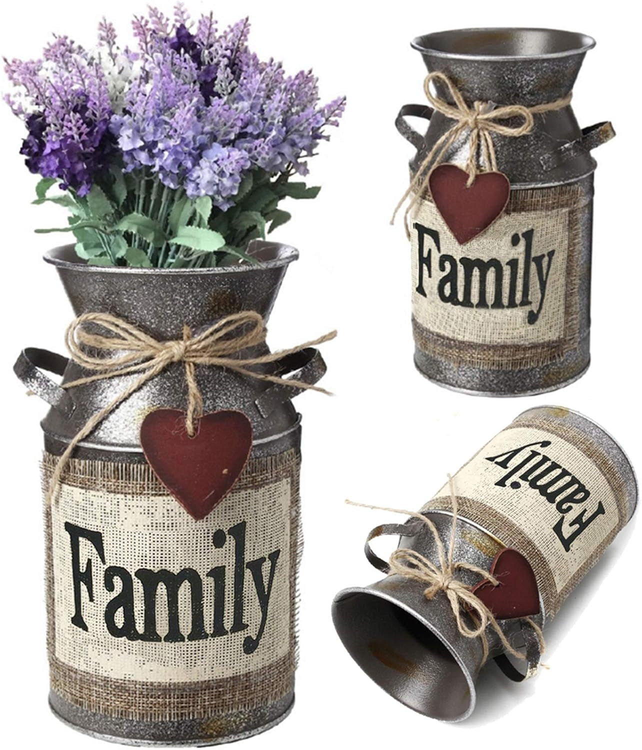7.5" High Rustic Decorative Vase with Greetings and Rope Design, Metal Milk Can Country Jug for Living Room, Bedroom, Kitchen(Family)