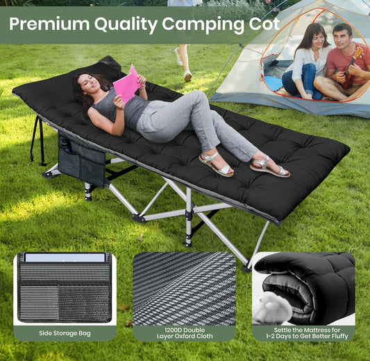 Folding Camping Cot with 2 Sided Comfort Mattress, 1200D Double Layer Oxford Folding Bed, Portable Sleeping Bed for Camp Office Nap Beach Travel