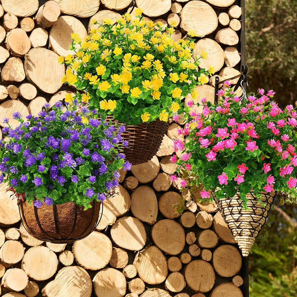 8 Bundles Outdoor Artificial Fake Flowers No Fade UV Resistant Faux Plastic Plants for Hanging Planter Patio Yard Wedding Indoor Home Kitchen Farmhouse Décor (Yellow)