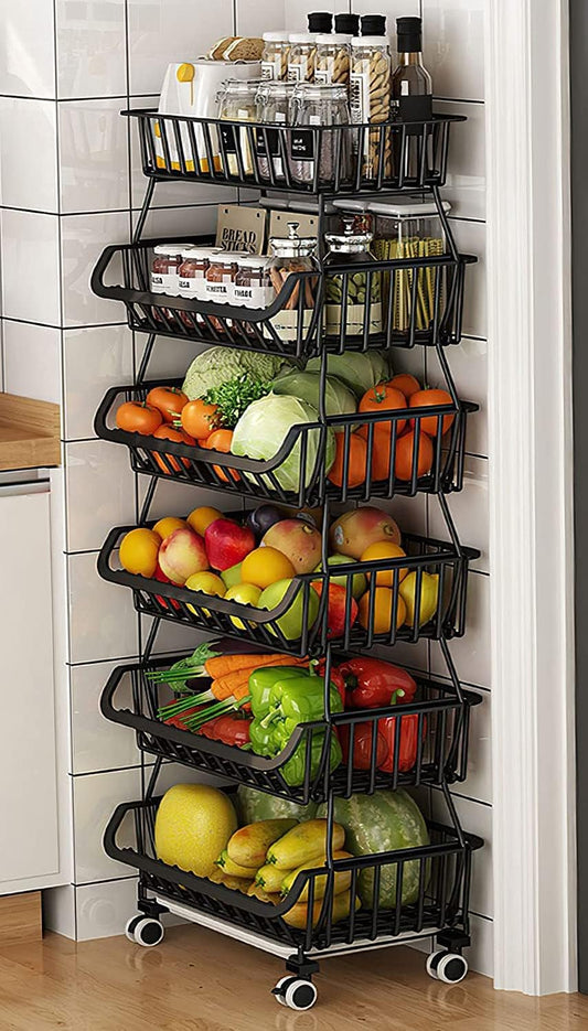 Fruit Baskets Rack with Wheels for Kitchen Pantry, 6 Tier Stackable Kitchen Baskets Storage Rack with Bottom Water Drainer, Metal Wire Organizers and Storage Rolling Cart (Black)