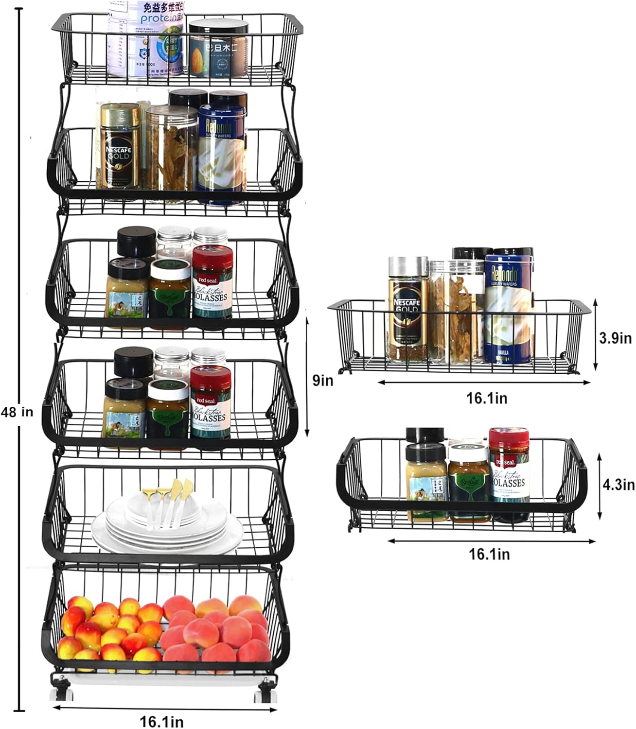 Fruit Baskets Rack with Wheels for Kitchen Pantry, 6 Tier Stackable Kitchen Baskets Storage Rack with Bottom Water Drainer, Metal Wire Organizers and Storage Rolling Cart (Black)