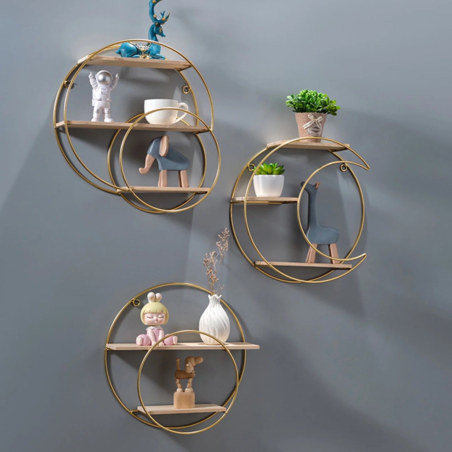 round Wall Shelf, Wall-Mounted Circular Shelf, Wood & Metal Wall Hanging Shelves Decor for Home Office, Circular Floating Shelves (Moon-Gold)