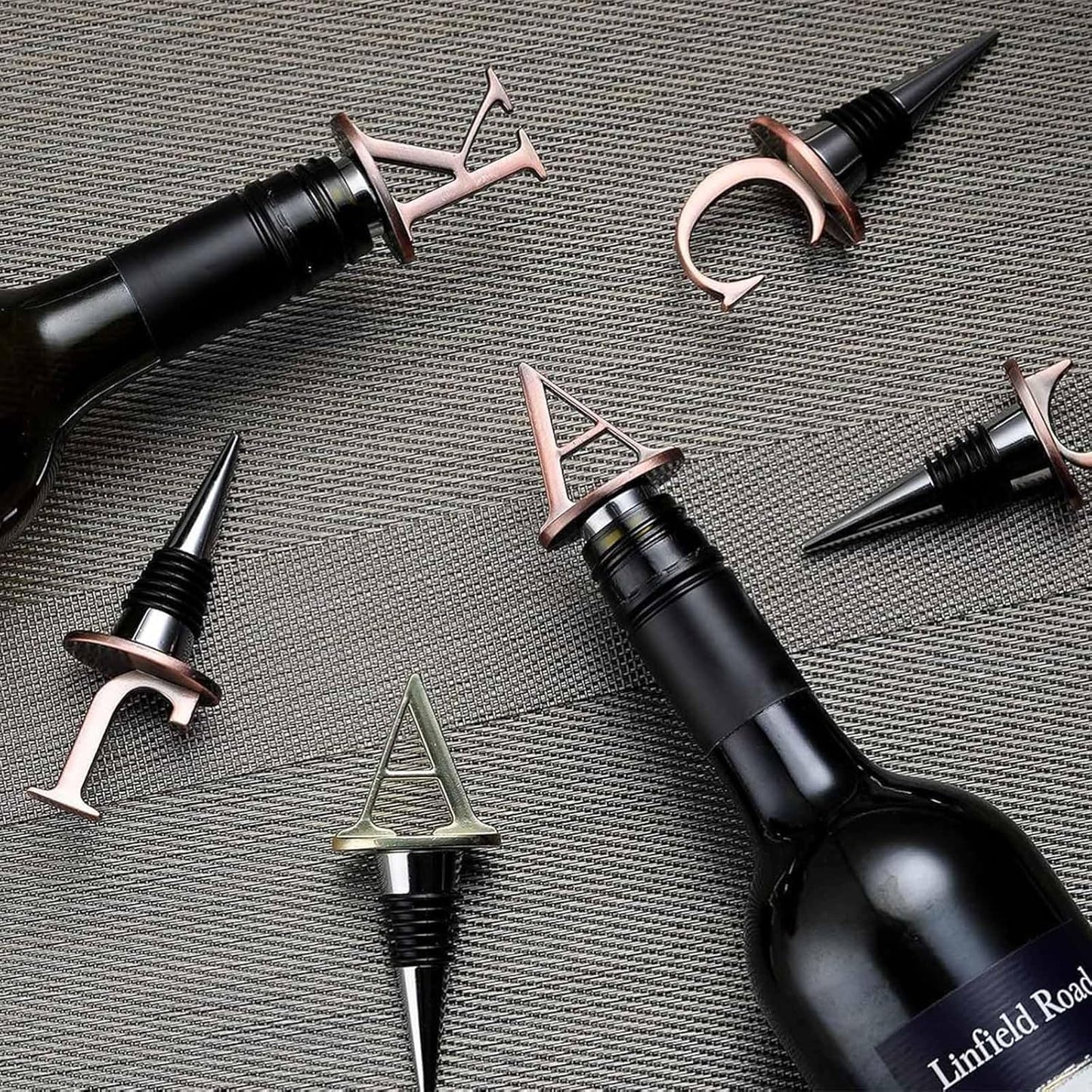 Wine Stoppers,Reusable Wine Bottle Stoppers,Stainless Steel Letter Wine Stopper, Food Grade Silicone Material Decorative Wine Stoppers Funny Gift -Bronze Color