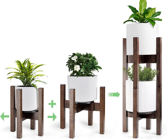 2 Pack 16'' Adjustable Plant Stand Planter Tray Included, Mid Century Corner Plant Stand with Tray Indoor - Fit 8 to 12.5 Inches (Walnut Color - 2Pcs)