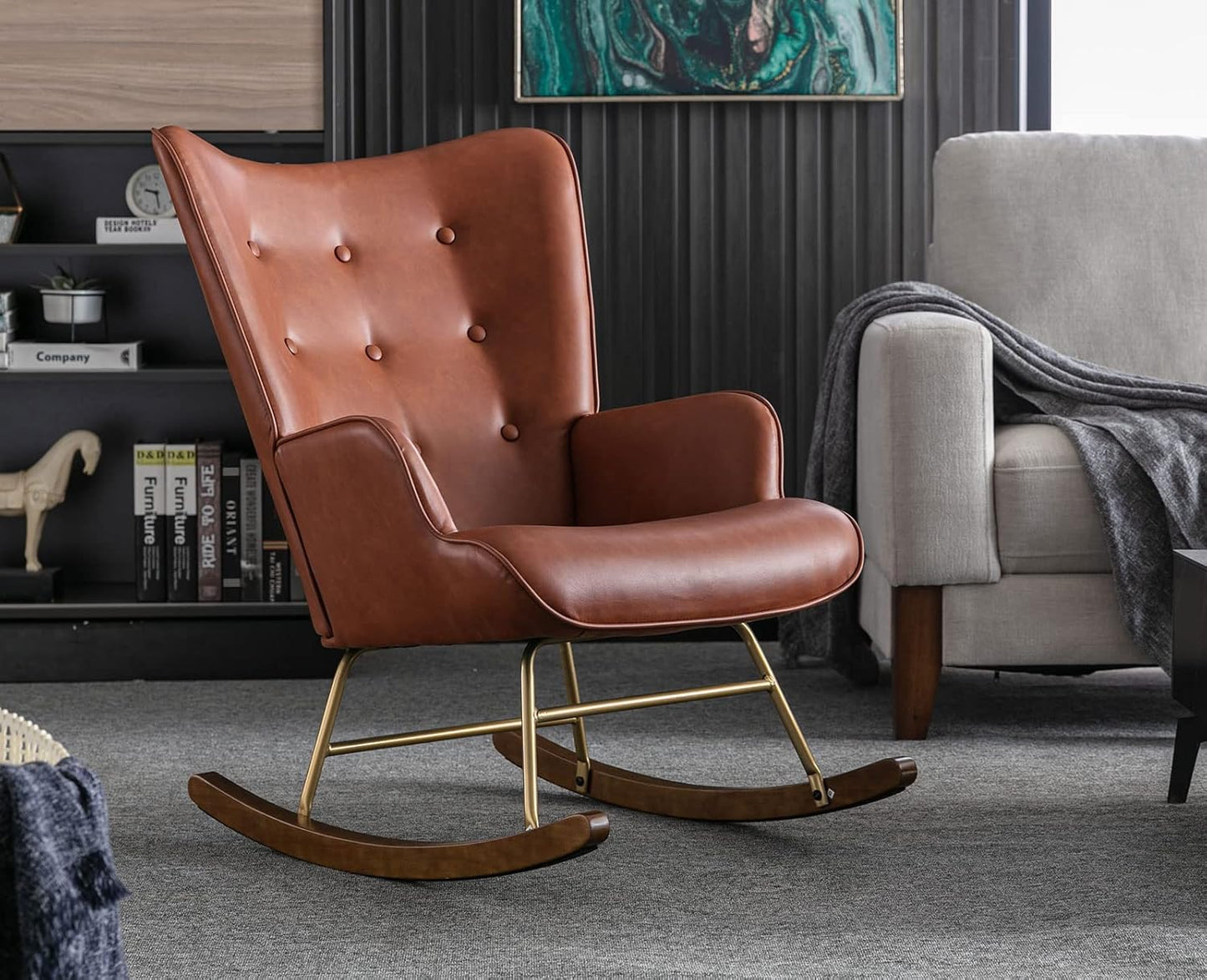 Pu Leather Nursery Rocking Armchair, Modern Reading Accent Chair for Living Room, Bedroom, Office, Small Spaces, Brown