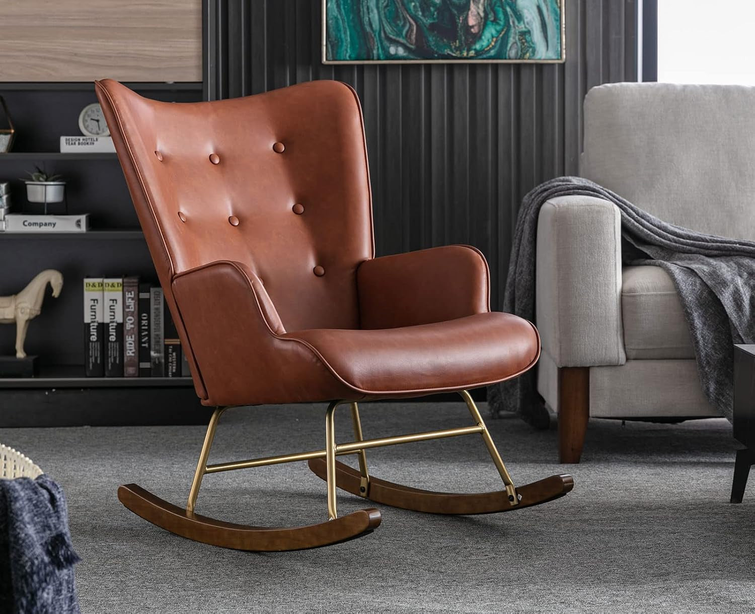 Pu Leather Nursery Rocking Armchair, Modern Reading Accent Chair for Living Room, Bedroom, Office, Small Spaces, Brown