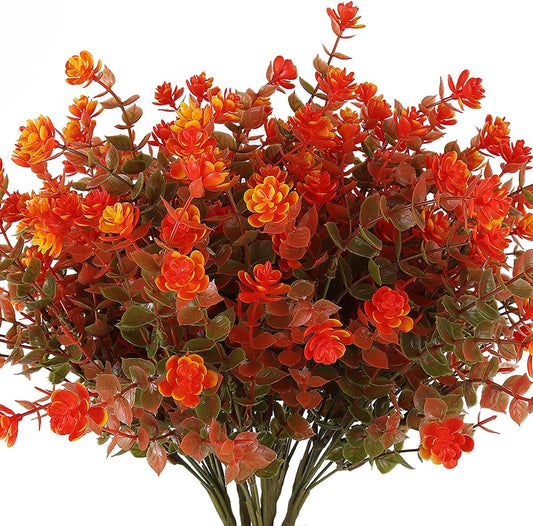 8 Bundles Artificial Fall Flowers No Fade Faux Autumn Plants, Fake Indoor Outdoor Greenery Decorations for Thanksgiving Christmas Wedding Party Home Garden Fireplace Décor (Green Orange)