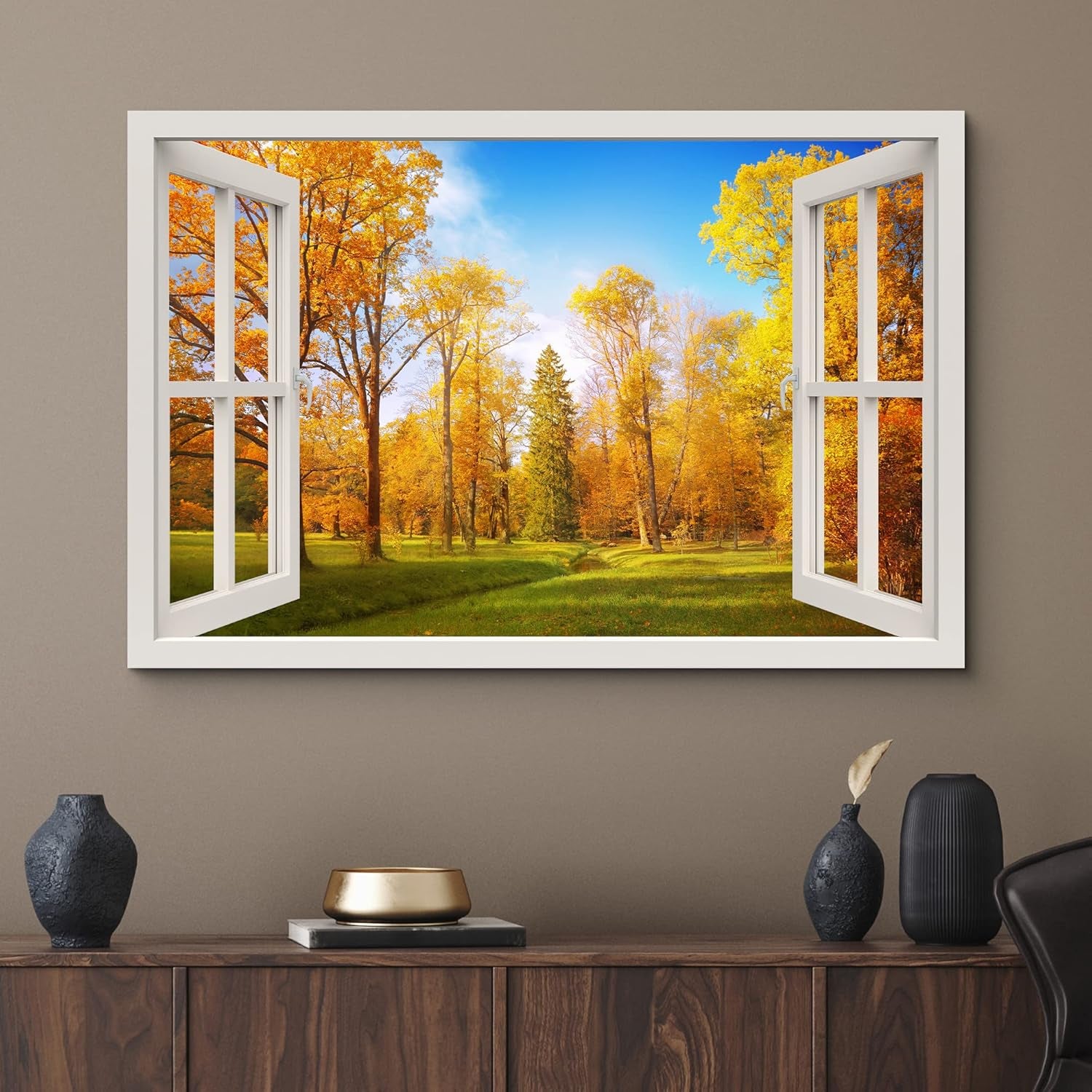 Canvas Print Wall Art Window View Rustic Autumn Fall Tree Forest Field Wilderness Nature Photography Realism Scenic Landscape Colorful Multicolor for Living Room, Bedroom, Office - 16"X24"