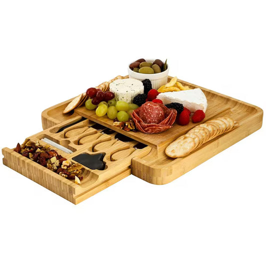 13.5 In. Bamboo Charcuterie Cheese Board with Drawer, Cheese Utensils, Bottle Opener, and 3 Piece Mini Chalkboard Set