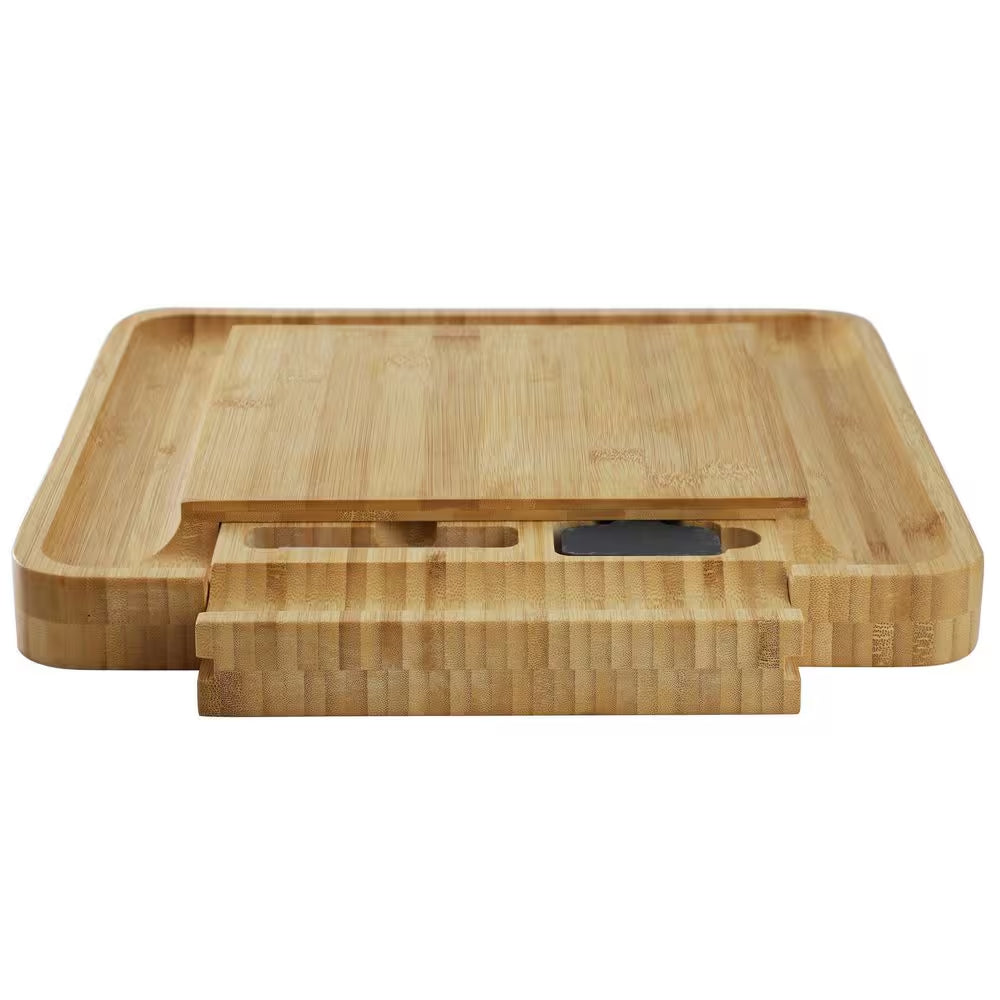 13.5 In. Bamboo Charcuterie Cheese Board with Drawer, Cheese Utensils, Bottle Opener, and 3 Piece Mini Chalkboard Set