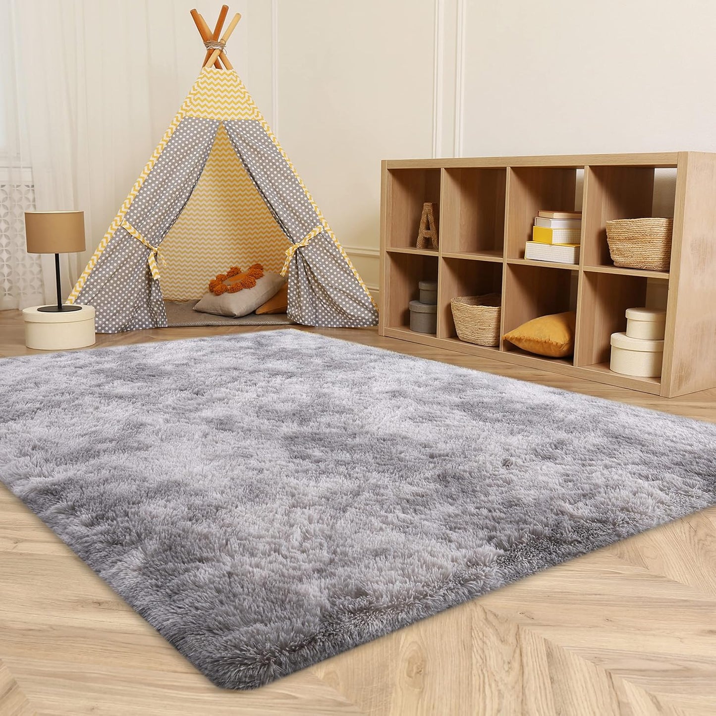 Shag Ultra Soft Area Rug, Non-Skid Fluffy 4'X6' Tie-Dyed Light Grey Plush Indoor Fuzzy Faux Fur Rugs for Living Room Bedroom Nursery Decor Furry Carpet Kids Playroom