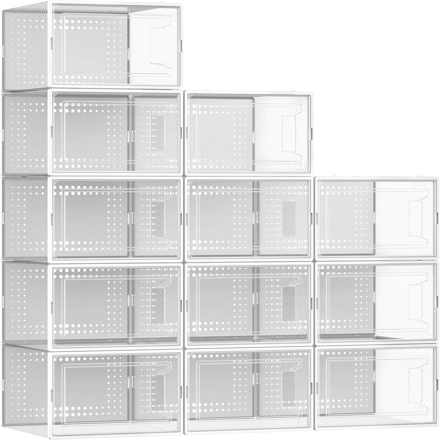12 Pack X Large Shoe Organizer Storage Boxes for Closet, Modular Space Saving Shoe Boxes Clear Plastic Stackable Sneaker Containers Display Case with Lids, White