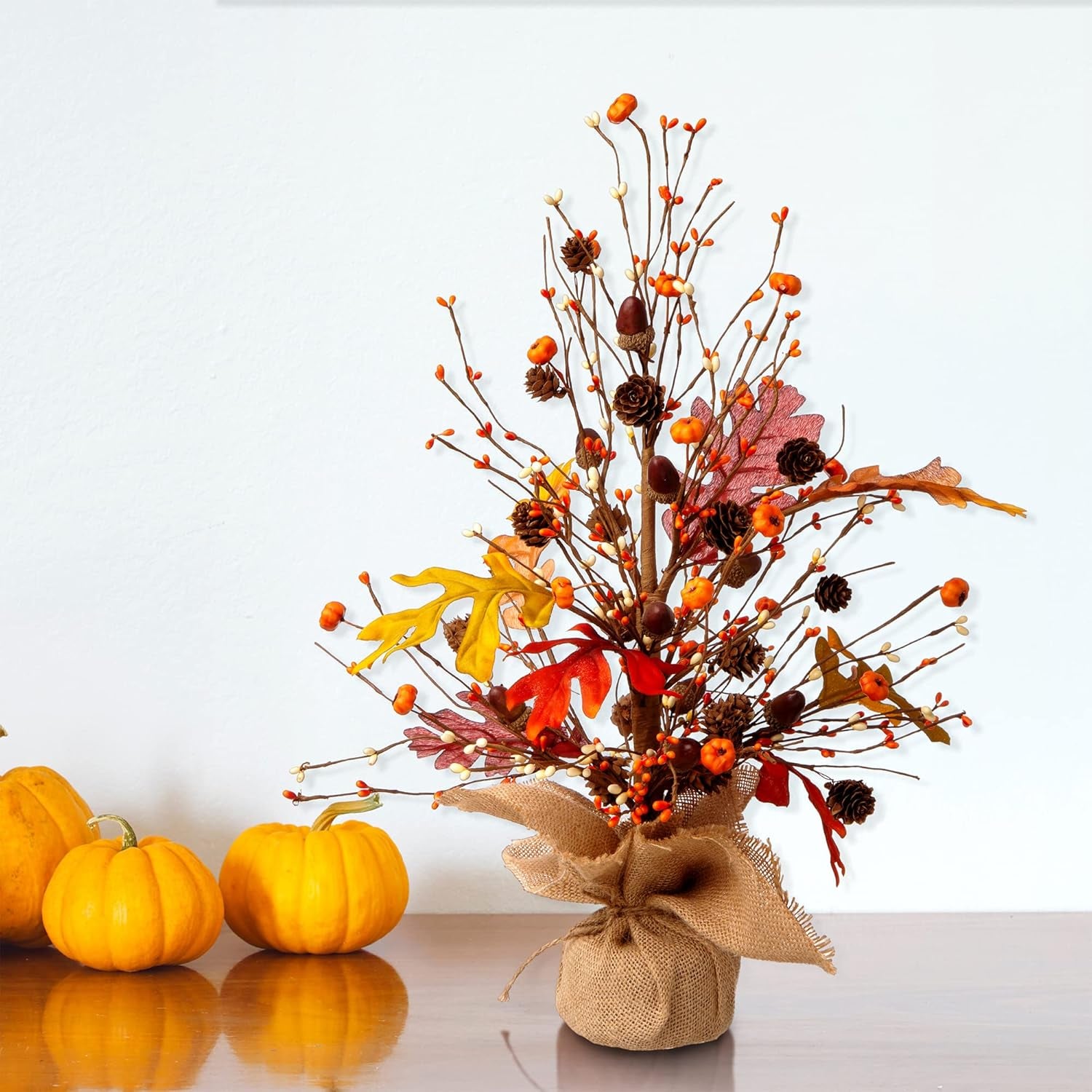 20" H Fall Harvest Pumpkins Table Tree with Burlap Base Decorative Berries Leaves Tree Table Centerpiece for Fall Harvest Thanksgiving Great Festival Home Decor