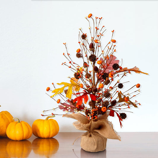 20" H Fall Harvest Pumpkins Table Tree with Burlap Base Decorative Berries Leaves Tree Table Centerpiece for Fall Harvest Thanksgiving Great Festival Home Decor