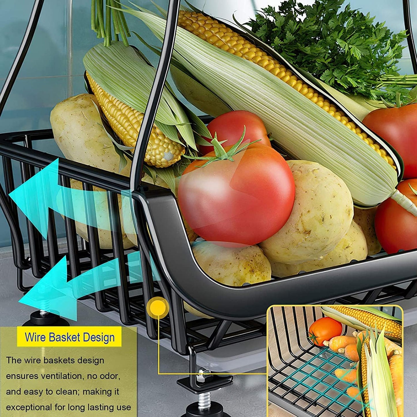 Fruit Baskets Rack with Wheels for Kitchen Pantry, 6 Tier Stackable Kitchen Baskets Storage Rack with Bottom Water Drainer, Metal Wire Organizers and Storage Rolling Cart (Black)
