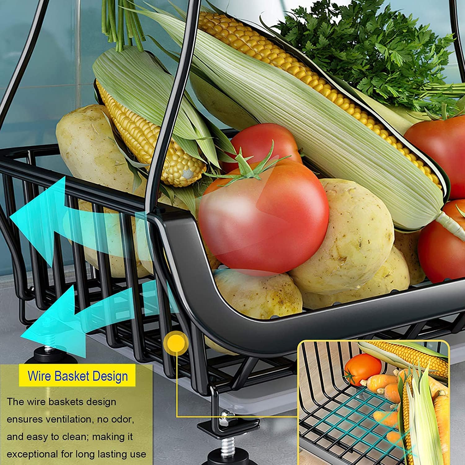 Fruit Baskets Rack with Wheels for Kitchen Pantry, 6 Tier Stackable Kitchen Baskets Storage Rack with Bottom Water Drainer, Metal Wire Organizers and Storage Rolling Cart (Black)