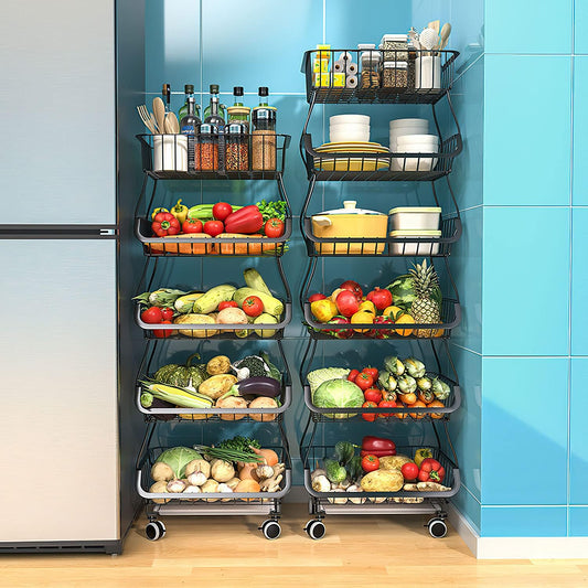 Fruit Baskets Rack with Wheels for Kitchen Pantry, 6 Tier Stackable Kitchen Baskets Storage Rack with Bottom Water Drainer, Metal Wire Organizers and Storage Rolling Cart (Black)