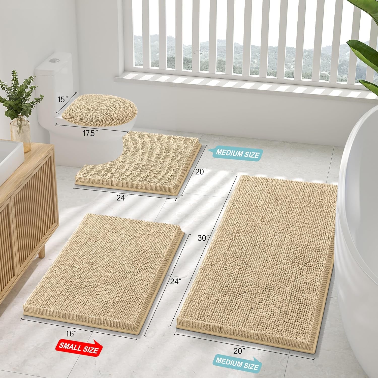 Luxury Chenille Bathroom Rugs 47X17, Extra Soft and Absorbent Shaggy Bath Mat, Machine Washable, Non-Slip Plush Carpet Runner for Tub, Shower, and Floor, Home Decor Accessories, Beige