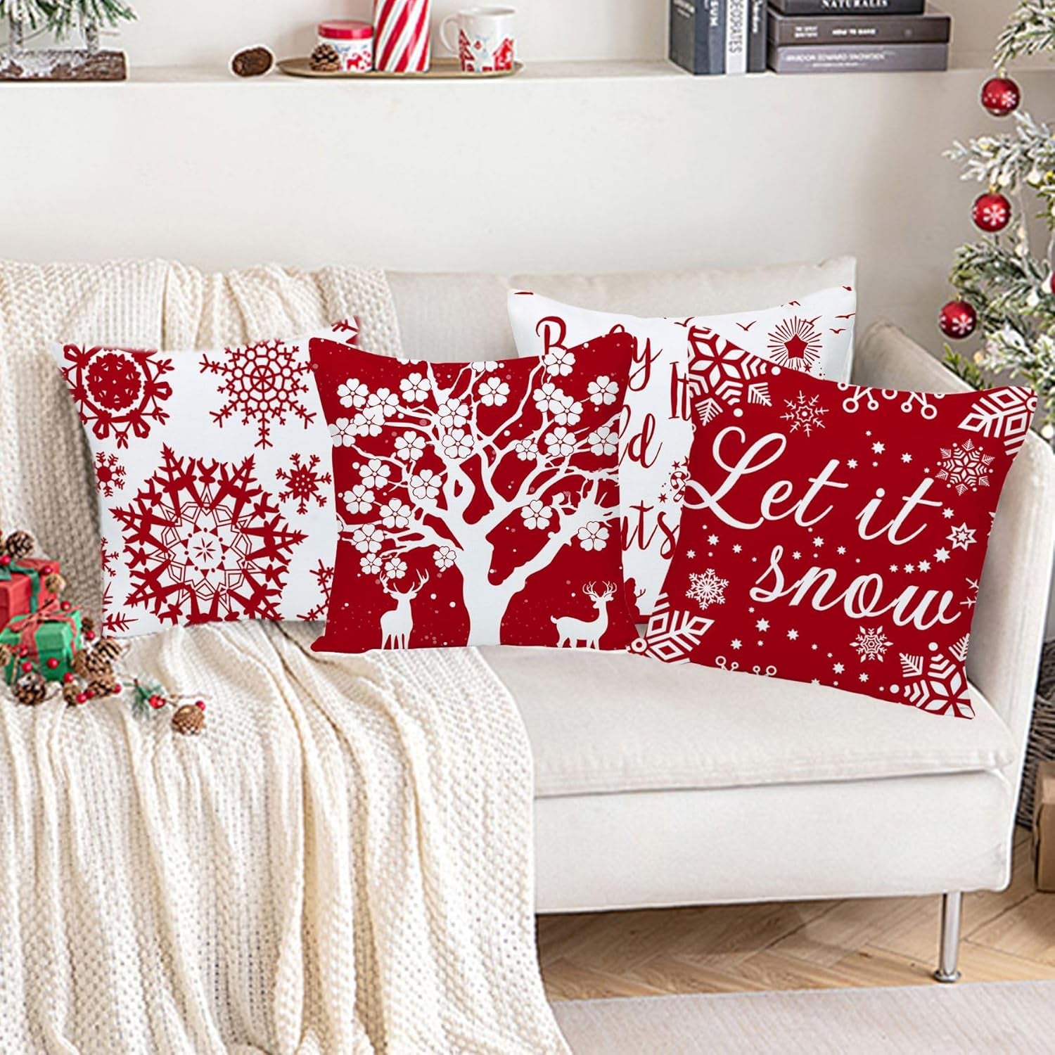 20 X 20 Set of 4 Merry Christmas Snowflake Baby It'S Cold outside Bright Red Deer Let It Snow Christmas Soft Velvet Decorative Throw Pillow Covers Cushion Case for Home Sofa Square 20 Inches