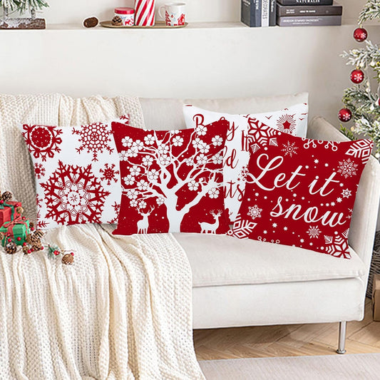 20 X 20 Set of 4 Merry Christmas Snowflake Baby It'S Cold outside Bright Red Deer Let It Snow Christmas Soft Velvet Decorative Throw Pillow Covers Cushion Case for Home Sofa Square 20 Inches
