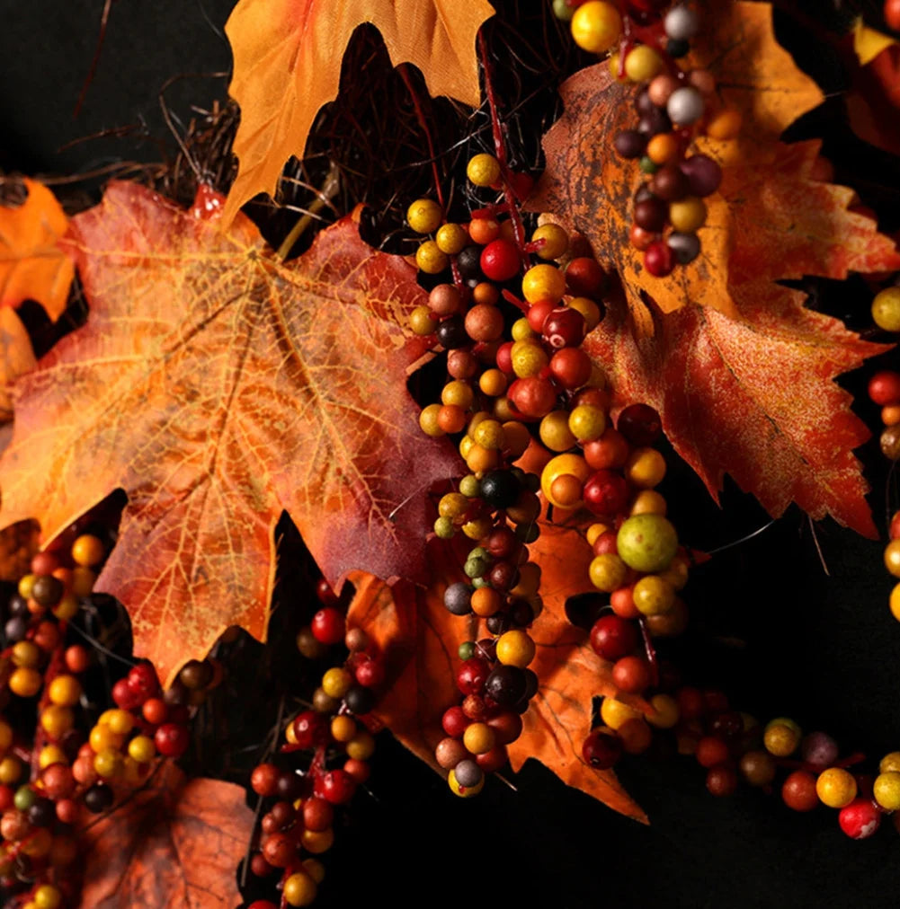 18 Inch Fall Wreath for Front Door, Fall Wreath with Wooden Maple Leaves, Gold and Red Foliage Fall Decorations for Home