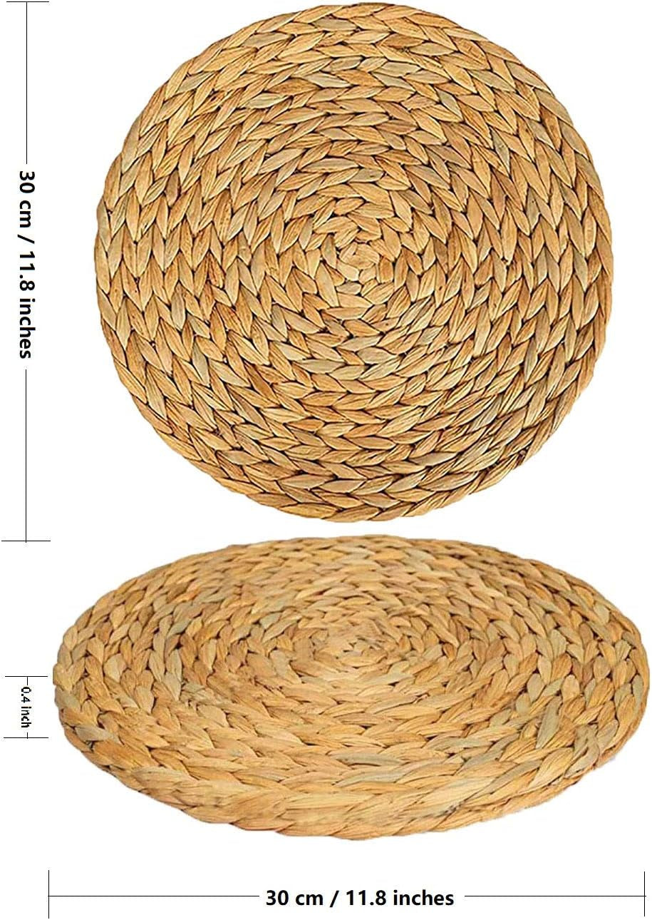 11.8'' round Woven Placemats 4Pcs Plate Chargers, Heat Resistant Non-Slip Water Hyacinth Weave Place Mats Farmhouse Straw Braided Rattan Tablemats Wicker Placemats for Dining Table Decoration