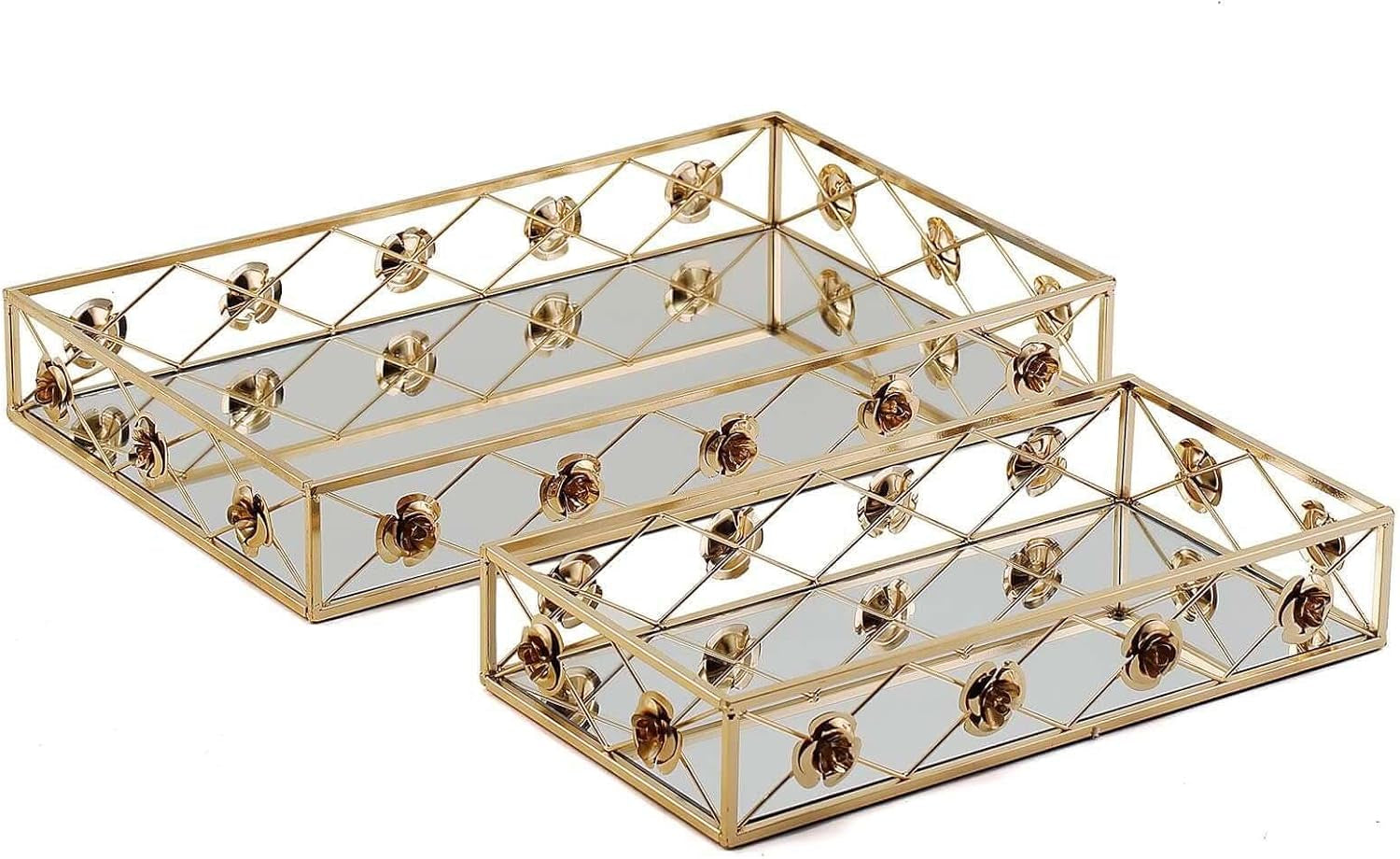 Set of 2 Gold Metal Decorative Serving Trays Floral Bordered Rectangle Mirror Trays - 19"X12" / 15"X8"
