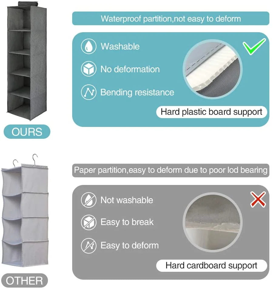 Hanging Closet Organizers and Storage, 5-Shelf Hanging Drawer for Closet, Collapsible Heavy Duty Hanging Closet Dresser for Clothes Bags Shoes Toys, Gray