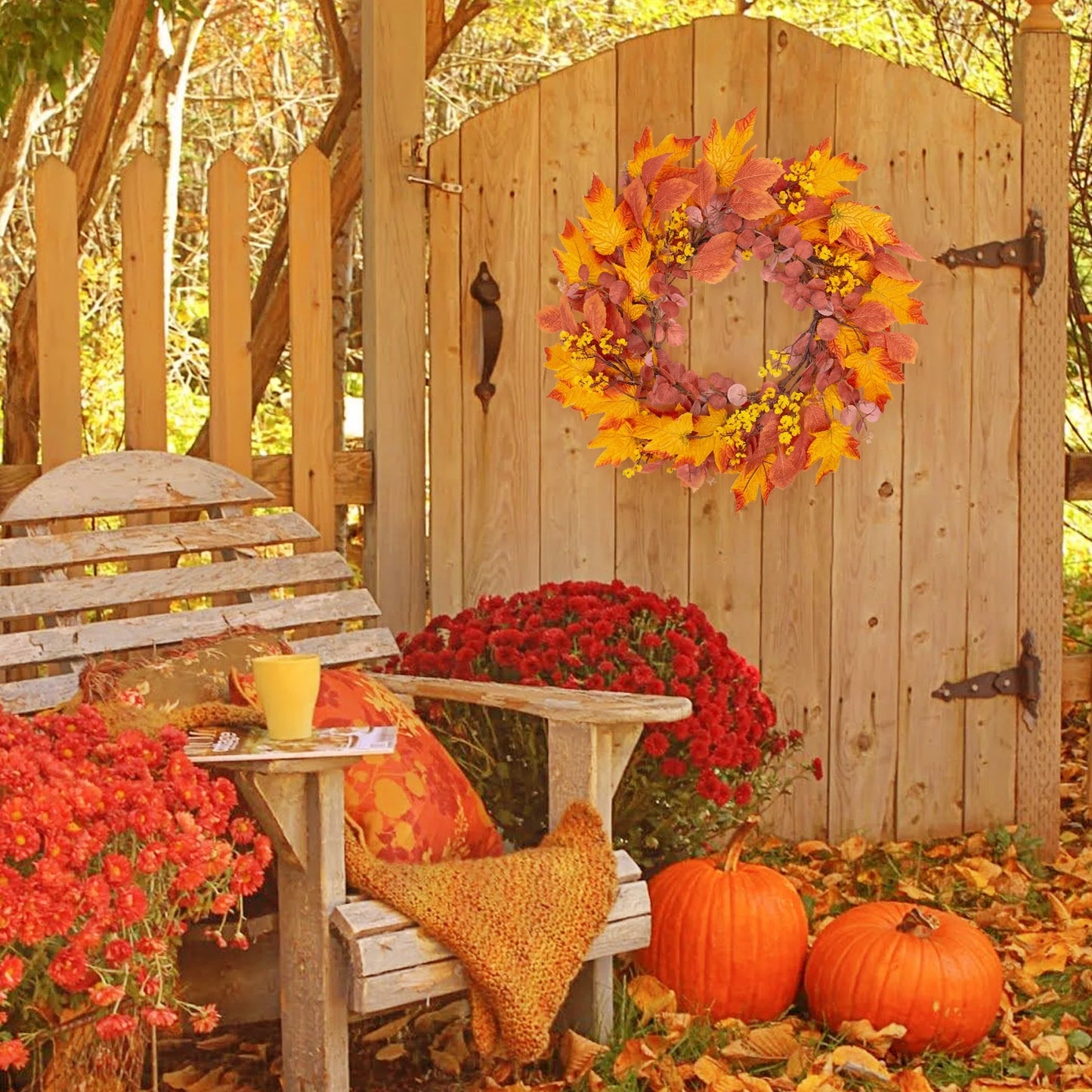 Fall Wreaths for Front Door, 20" Artificial Maple Leaf Autumn Door Wreaths Farmhouse Fall Decorations for Home