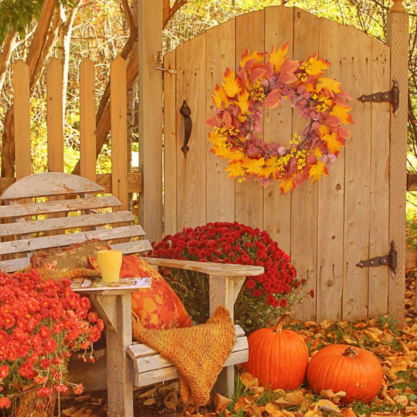 Fall Wreaths for Front Door, 20" Artificial Maple Leaf Autumn Door Wreaths Farmhouse Fall Decorations for Home
