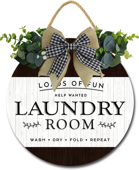 12" Wash Dry Fold Repeat Laundry Room Sign Rustic Wooden round Plaque Wreaths for Wall Door Sign Vintage Hanging Laundry Room Decor for Wash House Farmhouse