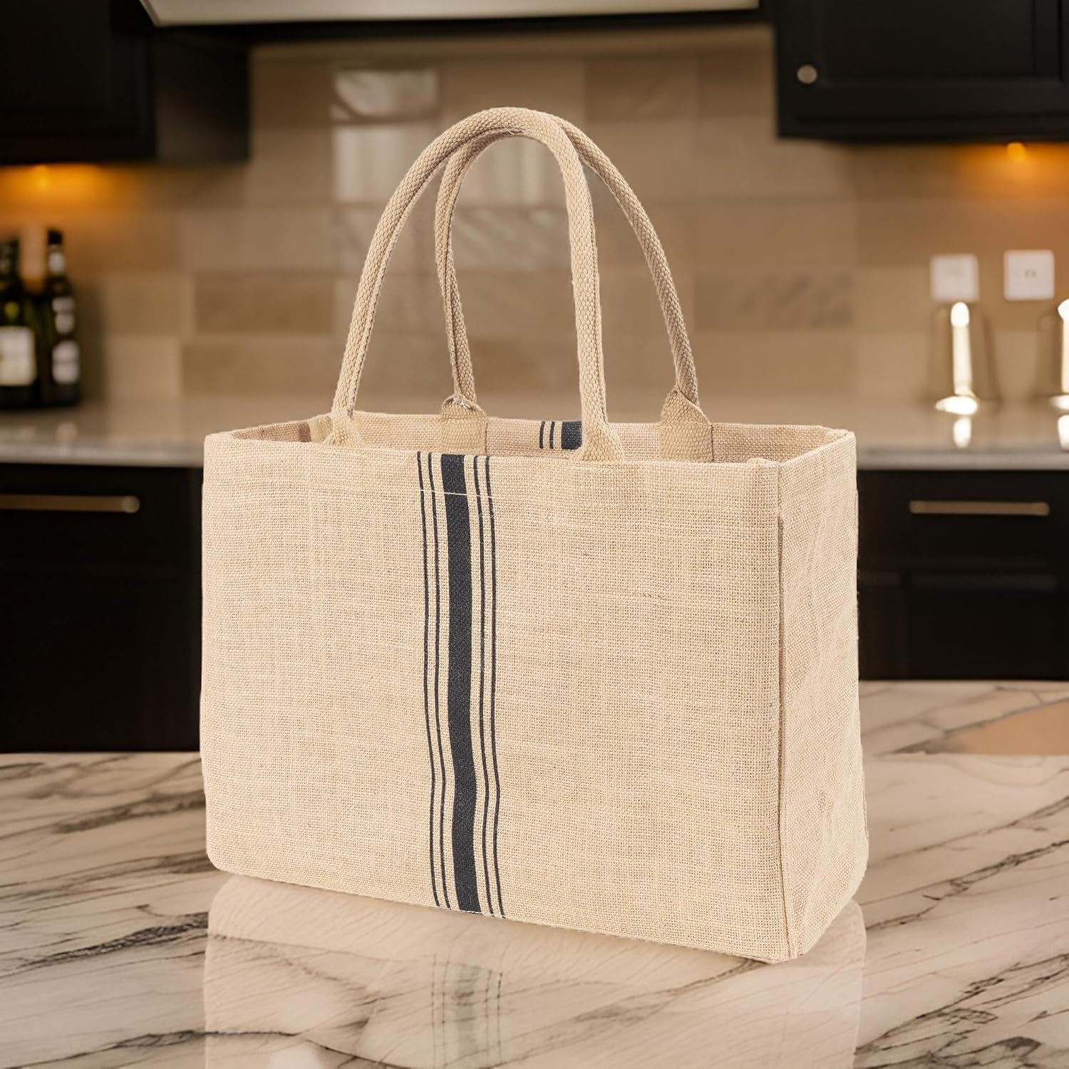 Jute Market Tote Bag with Handles, Triple Stripe