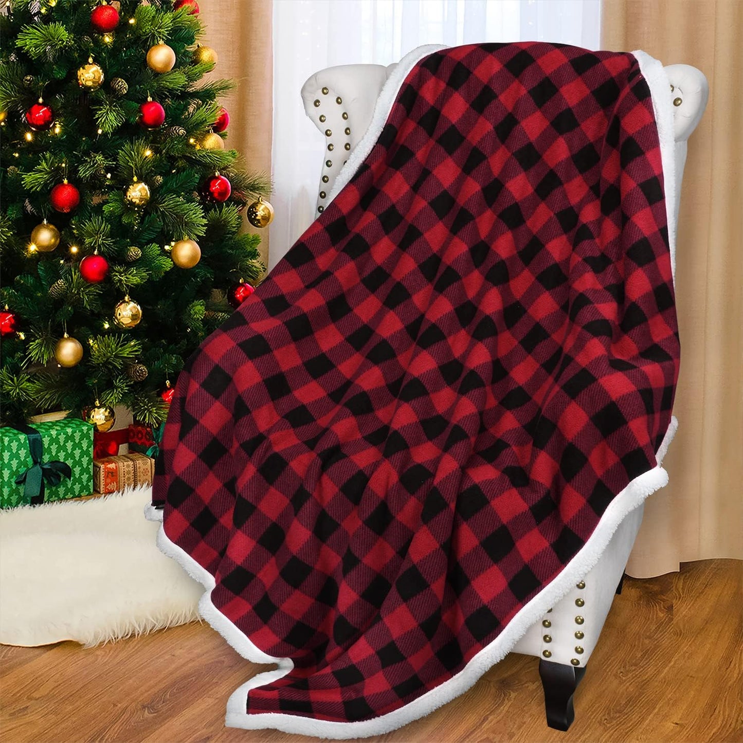 Red Black Checkered Holiday Blanket, Buffalo Plaid Sherpa Throw for Couch Sofa Cabin Decor | Soft, Warm, Comfy, Fuzzy, Snuggy | 60X50 Inches, Christmas Blanket