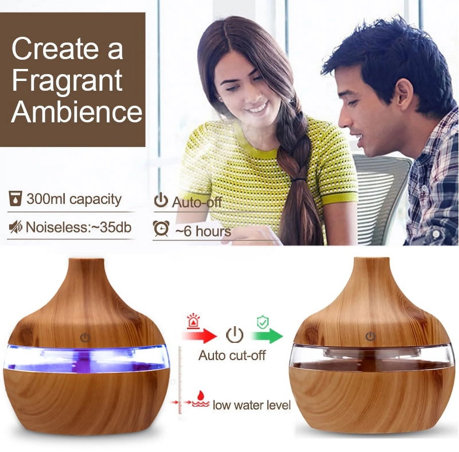 Diffusers for Essential Oils 300Ml Cool Mist Humidifiers for Bedroom, Aromatherapy Air Freshener Auto Shut-Off Timer 7 Colors LED Lights for Home Office Car