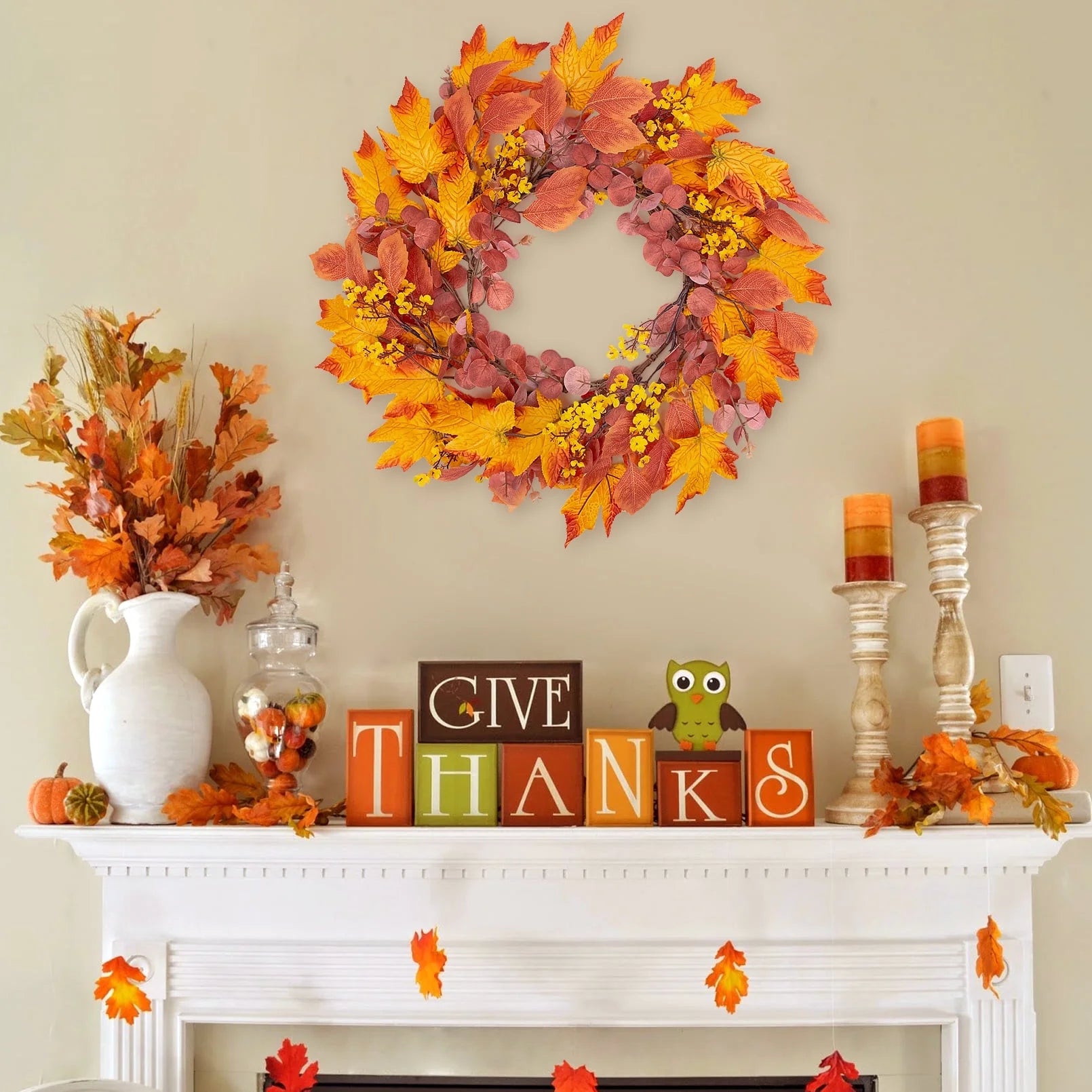 Fall Wreaths for Front Door, 20" Artificial Maple Leaf Autumn Door Wreaths Farmhouse Fall Decorations for Home