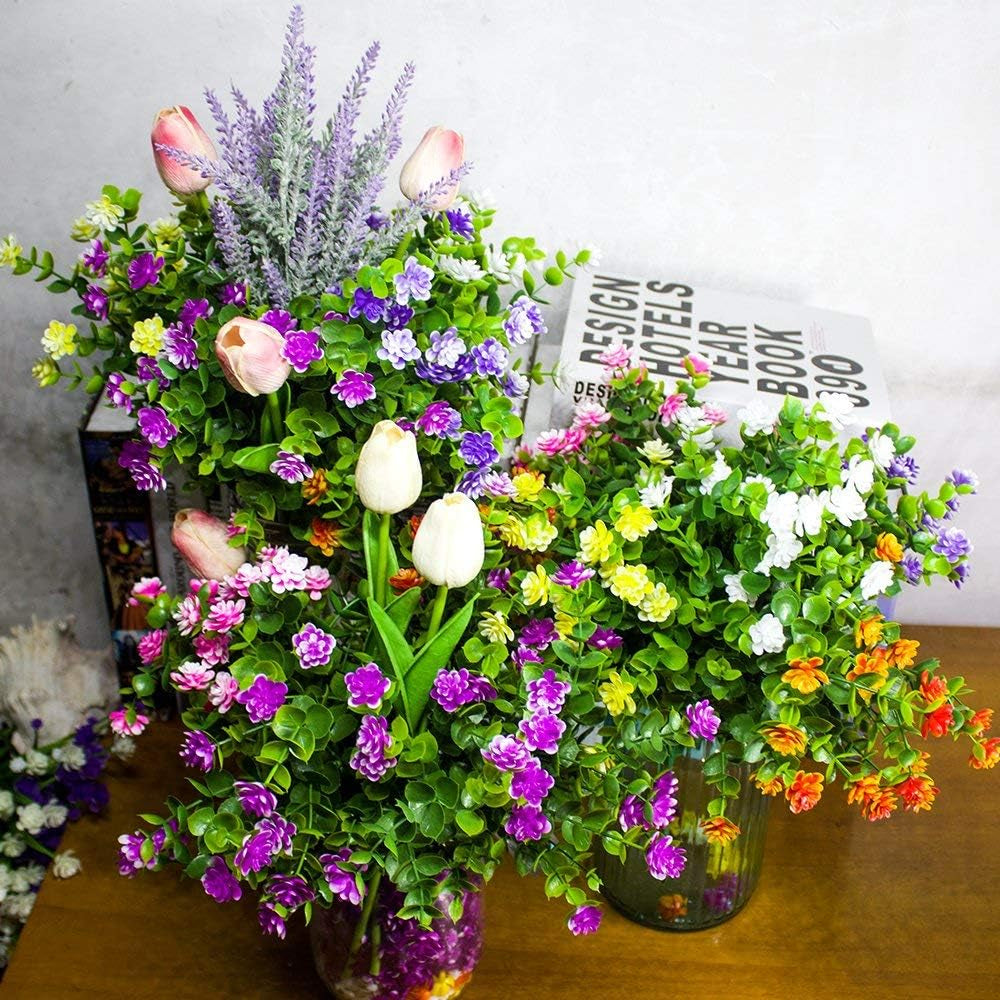 8 Bundles Outdoor Artificial Fake Flowers No Fade UV Resistant Faux Plastic Plants for Hanging Planter Patio Yard Wedding Indoor Home Kitchen Farmhouse Décor (Yellow)