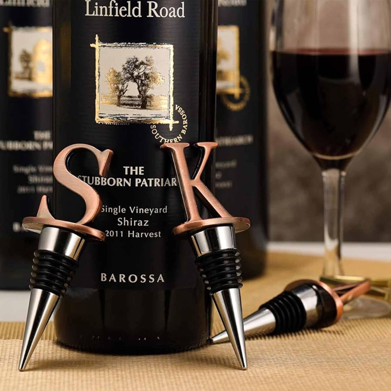 Wine Stoppers,Reusable Wine Bottle Stoppers,Stainless Steel Letter Wine Stopper, Food Grade Silicone Material Decorative Wine Stoppers Funny Gift -Bronze Color