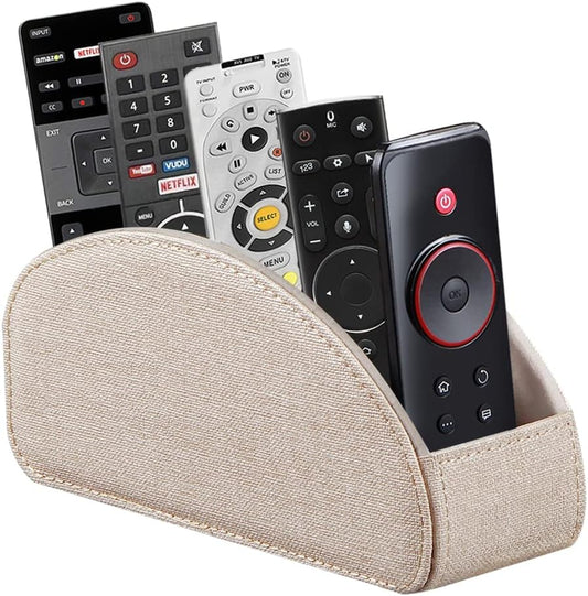 PU Leather Remote Control Organizer Box with 5 Compartments - Desktop & Bedside Storage for TV Remotes,Dvds,Blu-Ray,Glasses,Pens,Media Players Multi-Purpose Holder(Beige Cloth)